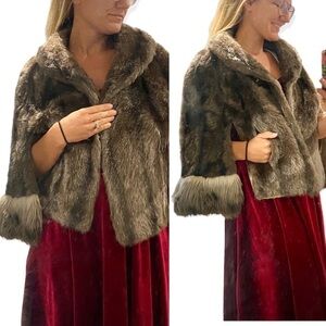 Vintage 60s Regina Glenara faux fur brown greige stole cape one size POCKETS!